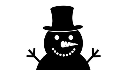 A stark black silhouette of a snowman with a top hat, a carrot nose, and a wide, toothy grin against a white background.の素材