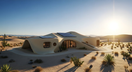 A distinctive, curved earthship home with solar panels sits in a dry desert environment under a bright, clear sky.の素材