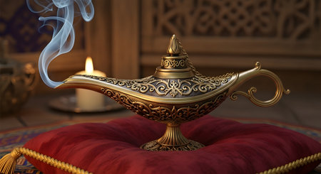 An antique, ornate golden genie lamp sits on a red cushion, with smoke gently rising and a candle flickering in the background.の素材