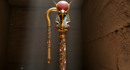 A highly detailed, golden scepter adorned with intricate hieroglyphs and topped with a smooth, pink orb, evoking ancient Egyptian royalty.の素材
