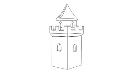 A simple, clean line drawing of a tall castle tower with battlements and a pointed roof, presented in black and white.の素材