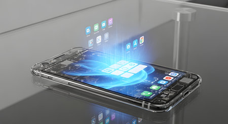 A transparent smartphone projects a vibrant, glowing holographic interface displaying app icons and data in a futuristic presentation.の素材