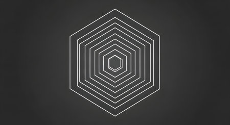 A minimalist design featuring nested hexagonal outlines creating a sense of depth and symmetry against a dark, textured backdrop.の素材