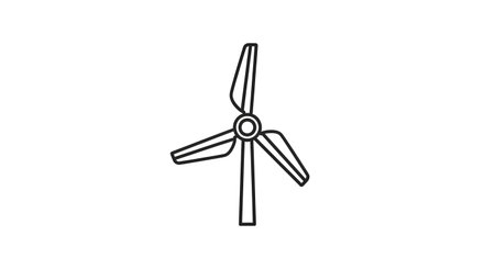 A minimalist black and white line drawing of a three-bladed wind turbine on a plain background. The turbine is depicted in profile.の素材