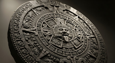 A detailed stone carving of the Aztec Sun Stone, showcasing intricate glyphs and the face of the sun god.の素材