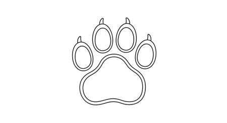 A minimalist, black and white line drawing of a single animal paw print, showing the pad and four toes.の素材