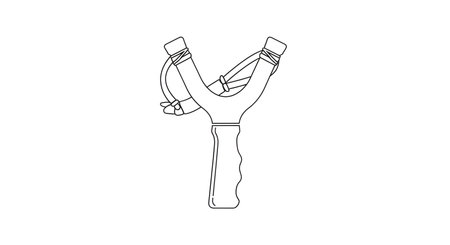 A minimalist line art illustration of a traditional slingshot, featuring a Y-shaped frame and elastic bands, presented on a plain white background.の素材
