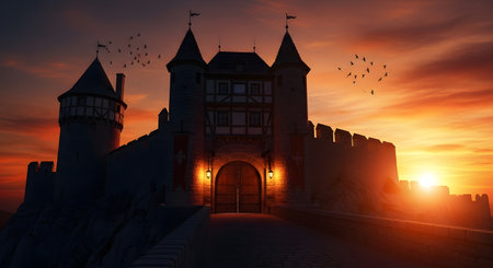 A grand castle stands silhouetted against a vibrant, fiery sunset, with warm light illuminating its entrance and birds flying overhead.の素材