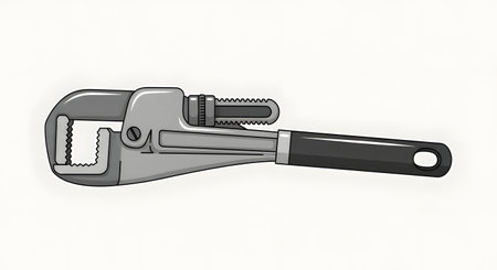 A close-up, isolated image of a metal adjustable pipe wrench with a black rubber grip handle against a plain white background.の素材