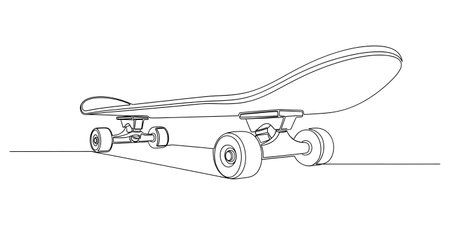 A simple black and white line drawing of a skateboard seen from the side, emphasizing its form and components.の素材