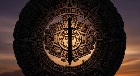 A powerful ancient sword is dramatically silhouetted against a glowing sun, embedded within a circular stone etched with intricate Mayan glyphs.の素材