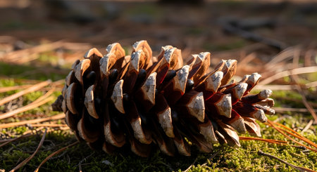 A detailed view of a brown pine cone rests on a mossy surface, bathed in soft sunlight, with blurred forest background.の素材