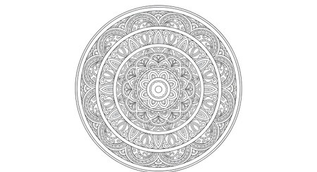 A detailed black and white oval mandala featuring symmetrical repeating patterns and intricate geometric designs.の素材
