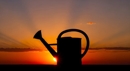 A dark silhouette of a watering can stands against a fiery orange and yellow sunset, casting a warm glow.の素材