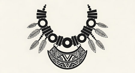 A striking black and white illustration of a tribal-style necklace featuring geometric patterns, circular elements, and delicate feather charms.の素材
