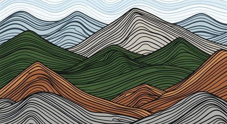 Stylized mountains depicted with flowing, textured lines in earthy tones and cool blues, creating a sense of depth and movement.の素材