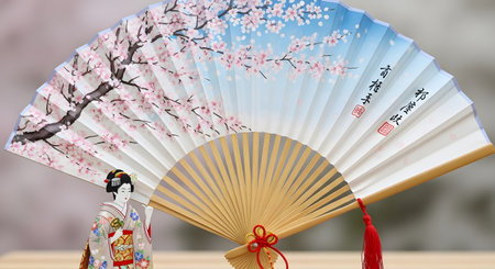 An open, decorative fan featuring a vibrant cherry blossom design and a small geisha charm, evoking traditional Japanese artistry.の素材