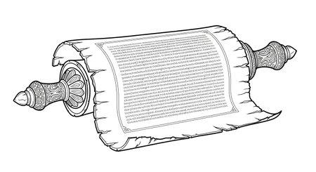 A black and white illustration of an ancient scroll, unrolled to reveal text, with ornate decorative rollers on each end.の素材