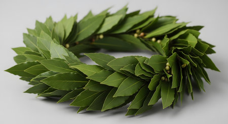 A circular wreath made of vibrant green laurel leaves, showcasing their pointed shape and natural texture against a neutral surface.の素材