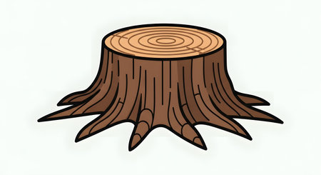 A stylized illustration of a cut tree stump, showcasing its concentric growth rings and prominent, splayed roots against a white background.の素材