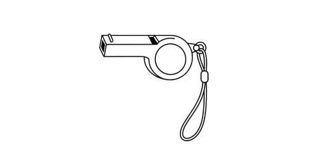 A simple black and white line drawing of a whistle with a loop and attached lanyard, isolated on a white background.の素材