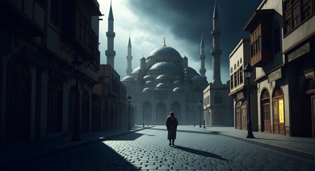 A lone figure walks down a cobblestone street towards a massive, dimly lit mosque, shrouded in atmospheric fog and dramatic lighting.の素材