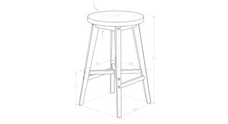 A hand-drawn sketch of a tall, three-legged wooden stool featuring a round seat and a simple, rustic design.の素材