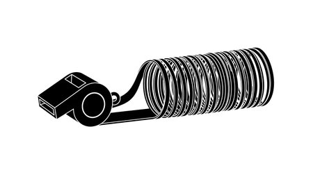 A simple black and white drawing shows a whistle attached to a coiled tape measure, suggesting measurement or instruction.の素材