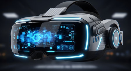 A sleek, high-tech VR headset with a complex, illuminated blue digital display and futuristic design elements.の素材