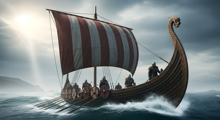 A majestic Viking longship with a striped sail navigates rough, choppy waters under a dramatic, sun-drenched sky with dark clouds.の素材
