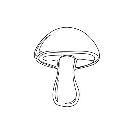 A minimalist line drawing of a mushroom with a rounded cap and a thick stem, presented on a white background.の素材