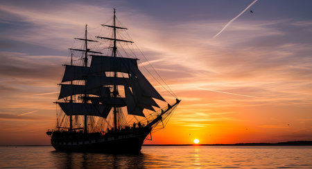 A silhouette of a grand sailing ship with multiple masts navigates calm waters during a vibrant, colorful sunset.の素材