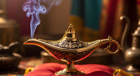 A detailed, ornate golden lamp sits on a red cushion, with wisps of purple smoke rising from its spout, suggesting magic.の素材
