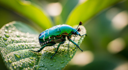 A metallic green beetle with intricate markings rests on a wet leaf, illuminated by soft, blurred sunlight and surrounded by lush greenery.の素材