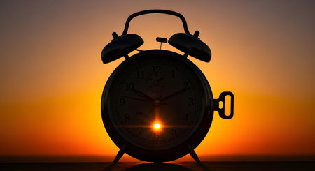 A vintage alarm clock is silhouetted against a warm, glowing sunset, with the sun's reflection visible on its face.の素材