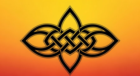 A complex black interlaced knotwork design with a vibrant gradient background transitioning from yellow to orange.の素材