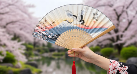 A person's hand holds a decorative Japanese fan with a scenic print. Cherry blossom trees and a pond are visible behind.の素材