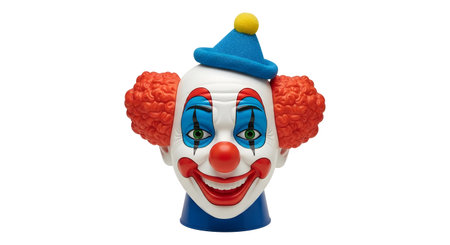 A vintage-style clown head decoration with a blue hat, bright red hair, and a painted face, featuring exaggerated features and a slightly unsettling expression.の素材