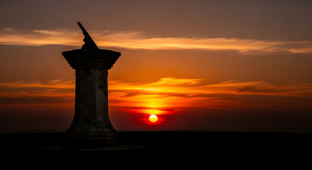 A tall, dark monument stands silhouetted against a vibrant, orange and yellow sunset with dramatic clouds.の素材
