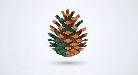 A single, elongated pinecone with a mosaic of geometric scales in shades of brown and green, set against a soft, gradient background.の素材