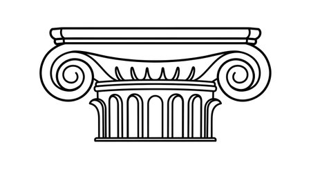 A black and white line drawing of an Ionic column capital, showcasing its distinctive volutes and fluted shaft.の素材