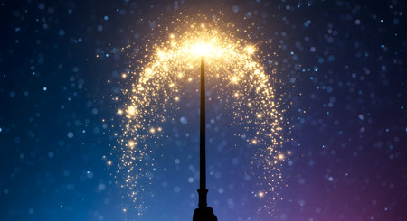 A single sparkler bursts with golden light, creating a magical arc against a deep blue and purple night sky filled with tiny stars.の素材