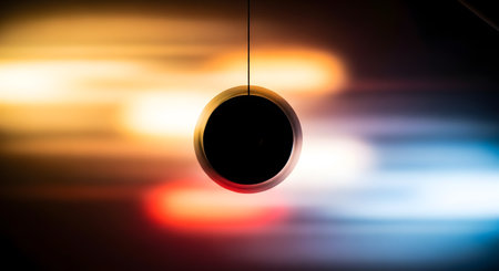A dark, oval-shaped object hangs in the foreground against a background of blurred, colorful light streaks creating a sense of motion.の素材