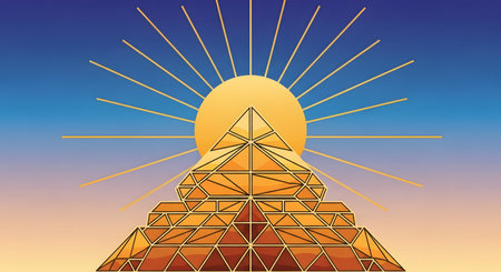 A geometric pyramid structure with golden accents and radiating light beams ascends towards a glowing orb against a vibrant blue and orange gradient sky.の素材