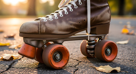 Close-up of a worn brown leather roller skate with orange wheels resting on cracked asphalt surrounded by fallen autumn leaves.の素材