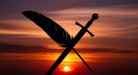 A striking silhouette of a large feather quill crossed with a medieval sword against a vibrant, fiery sunset sky.の素材