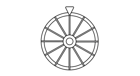 A minimalist black and white line drawing of a classic ship's steering wheel, featuring a central hub and spokes radiating outwards.の素材