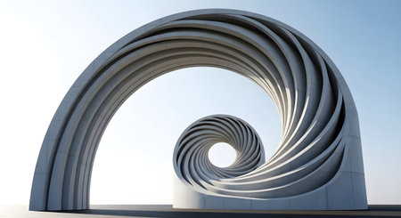 A large, grey, modern sculpture featuring two intertwined spiral arches against a bright, clear sky. The sculpture has a textured, ribbed surface.の素材
