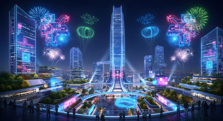 A dazzling, futuristic city at night, alive with glowing skyscrapers, colorful lights, and spectacular fireworks illuminating the sky.の素材