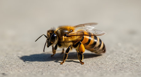 A detailed macro shot of a honeybee with visible wings, legs, and striped abdomen, casting a shadow on a light-colored, textured ground.の素材